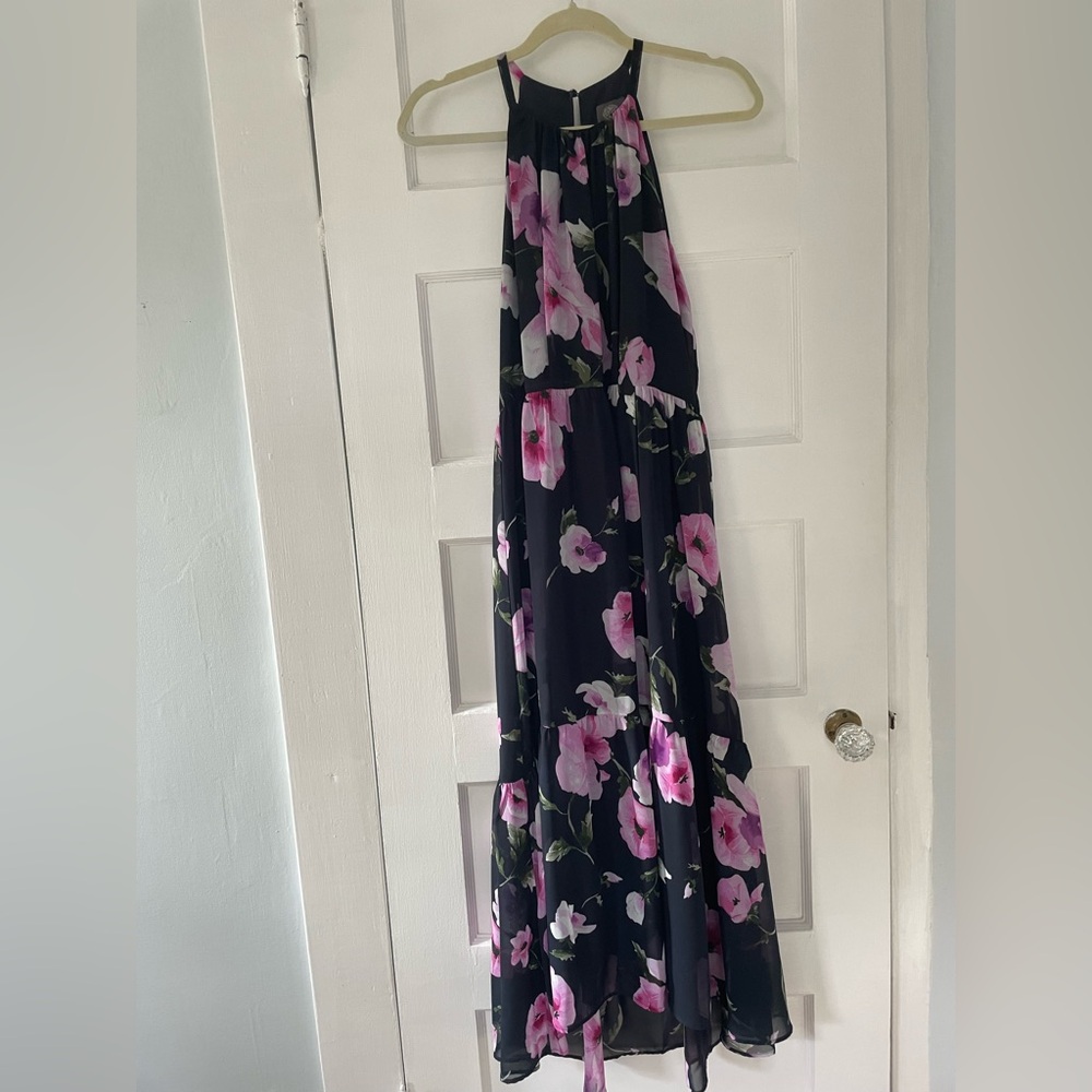 Vince Camuto Pink and Navy Floral Dress with high-low hem line